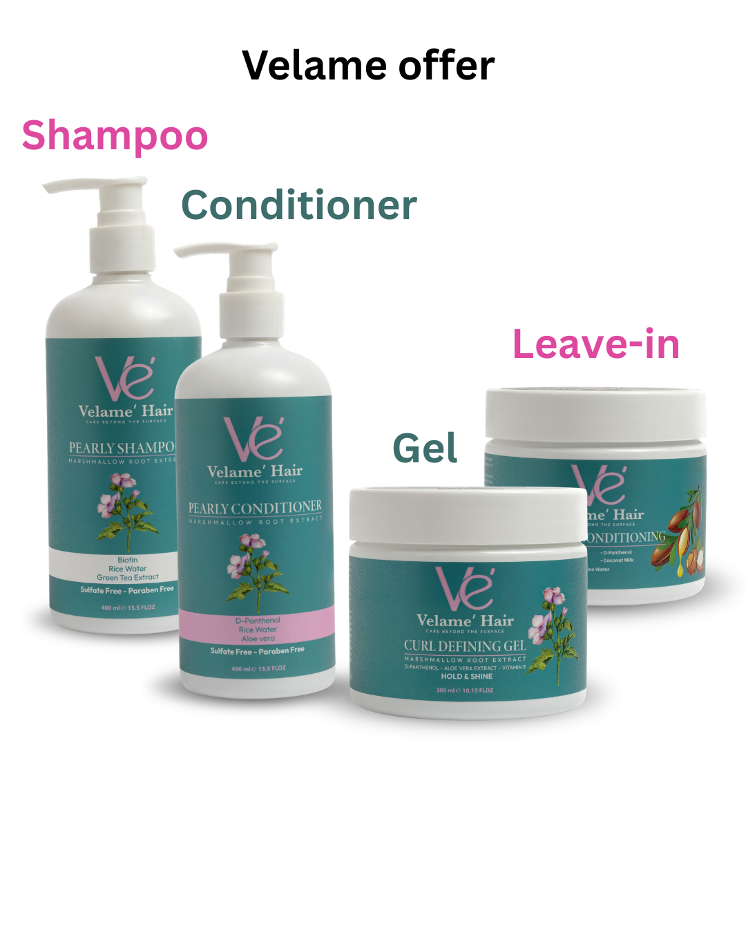 Velame leave-in, Gel, Shampoo, Conditioner